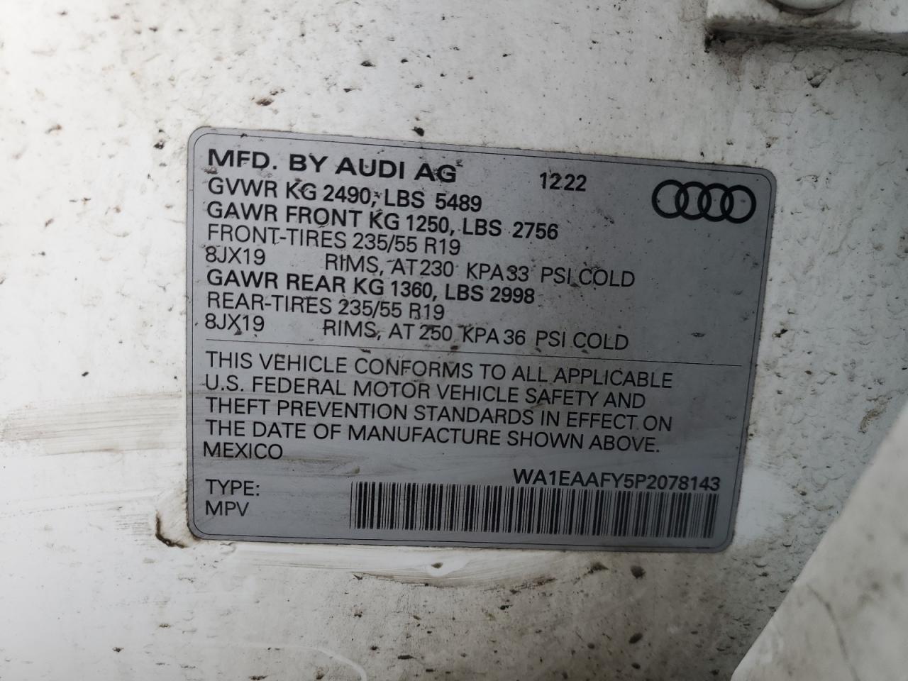 2023 Audi Q5 VIN WA1EAAFY5P2078143 Copart auction photo, front end / side damage thumbnail 13