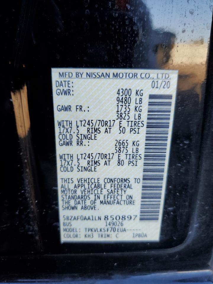 2020 Nissan NV VIN 5BZAF0AA1LN850897 Copart auction photo, rear end / front end damage thumbnail 13