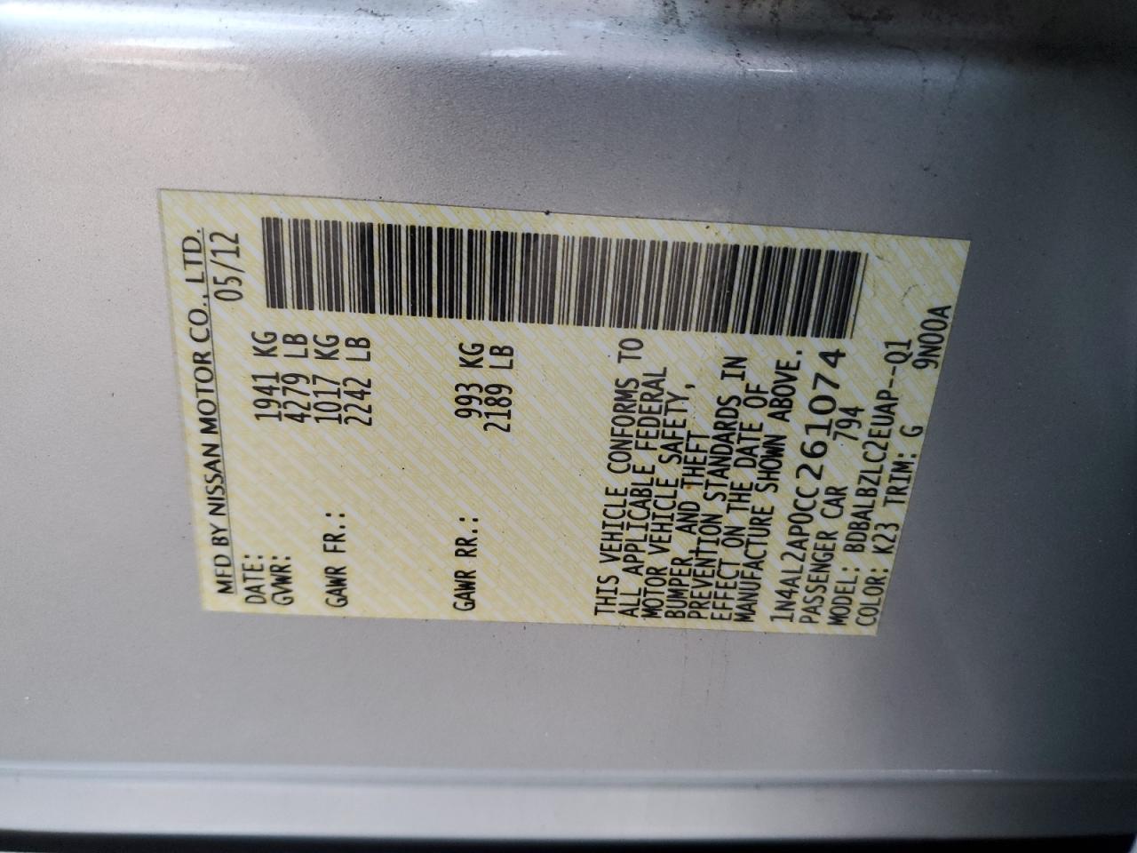 2012 Nissan Altima VIN 1N4AL2AP0CC261074 Copart auction photo, rear end / minor dent/scratches damage thumbnail 13