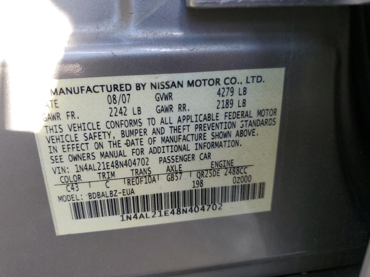 2008 Nissan Altima VIN 1N4AL21E48N404702 Copart auction photo, rear end damage thumbnail 14
