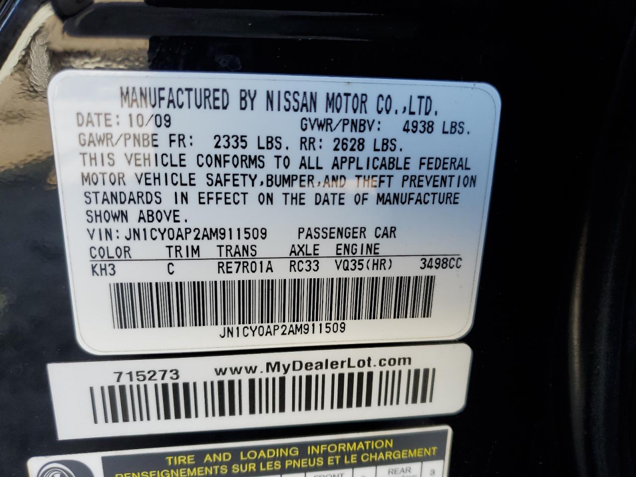 2010 Infiniti M VIN JN1CY0AP2AM911509 Copart auction photo, front end damage thumbnail 13