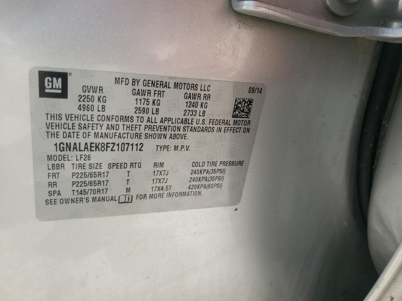 2015 Chevrolet Equinox VIN 1GNALAEK8FZ107112 Copart auction photo, front end damage thumbnail 15