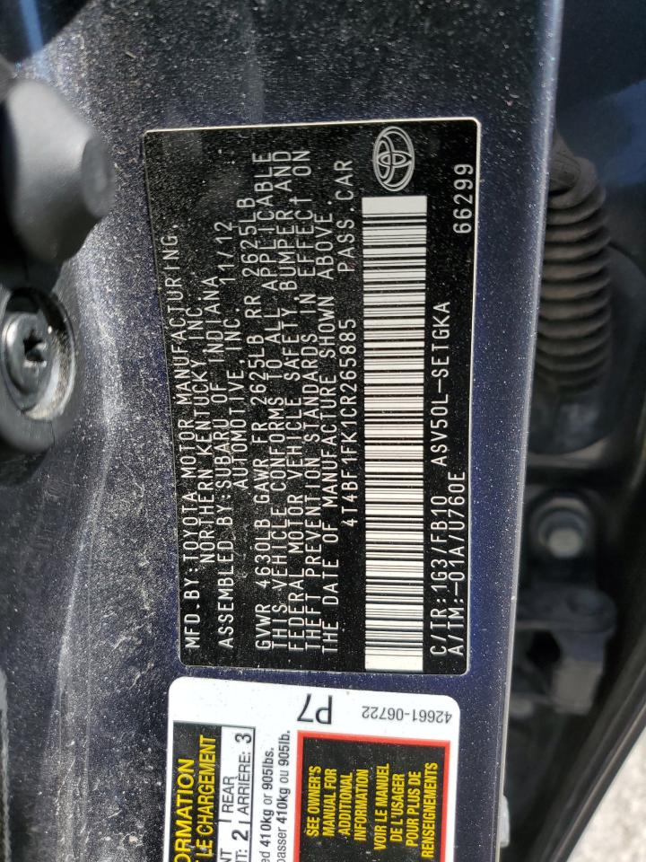 2012 Toyota Camry VIN 4T4BF1FK1CR265885 Copart auction photo, side damage thumbnail 12