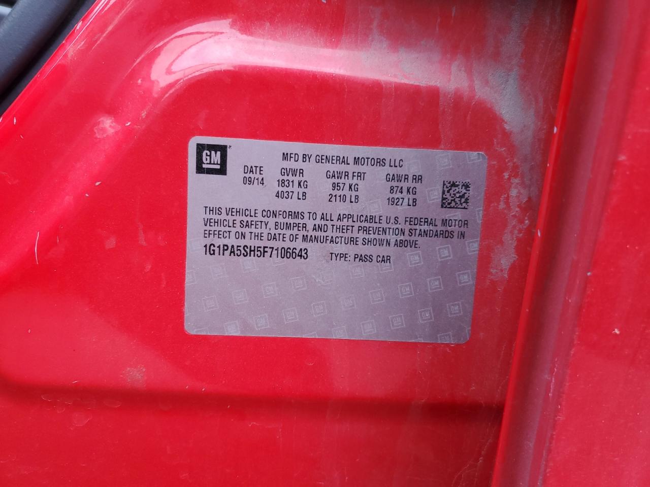 2015 Chevrolet Cruze VIN 1G1PA5SH5F7106643 Copart auction photo, all over damage thumbnail 12