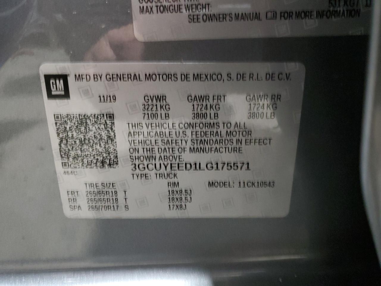 2020 Chevrolet Silverado VIN 3GCUYEED1LG175571 Copart auction photo, front end / side damage thumbnail 12