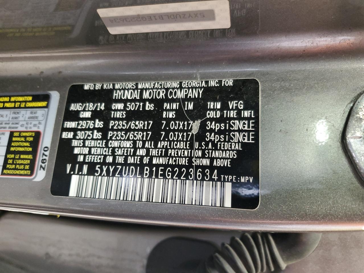 2014 Hyundai Santa Fe VIN 5XYZUDLB1EG223634 Copart auction photo, vandalism / rear end damage thumbnail 14