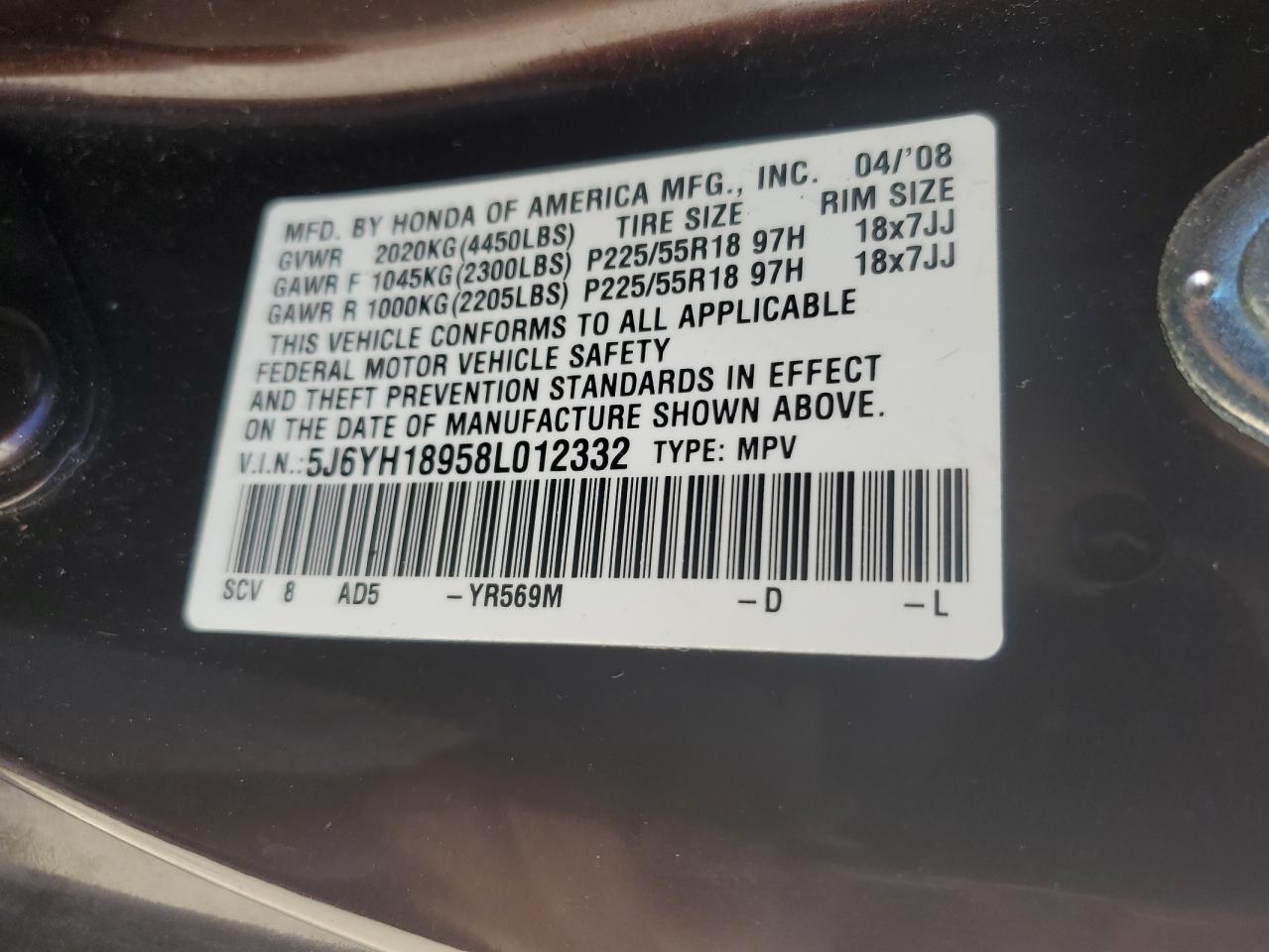 2008 Honda Element VIN 5J6YH18958L012332 Copart auction photo, rear end damage thumbnail 13