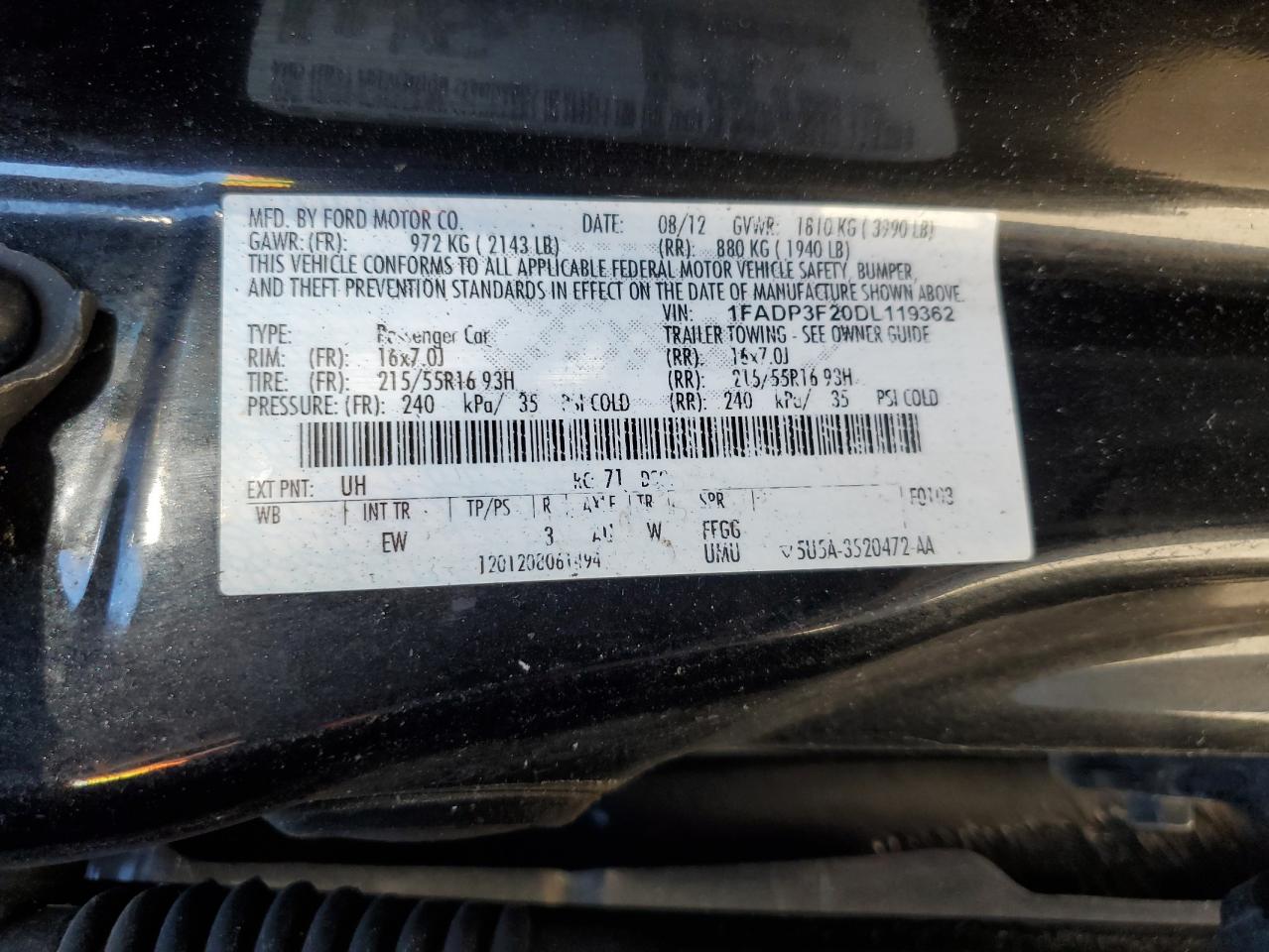 2013 Ford Focus VIN 1FADP3F20DL119362 Copart auction photo, front end damage thumbnail 12