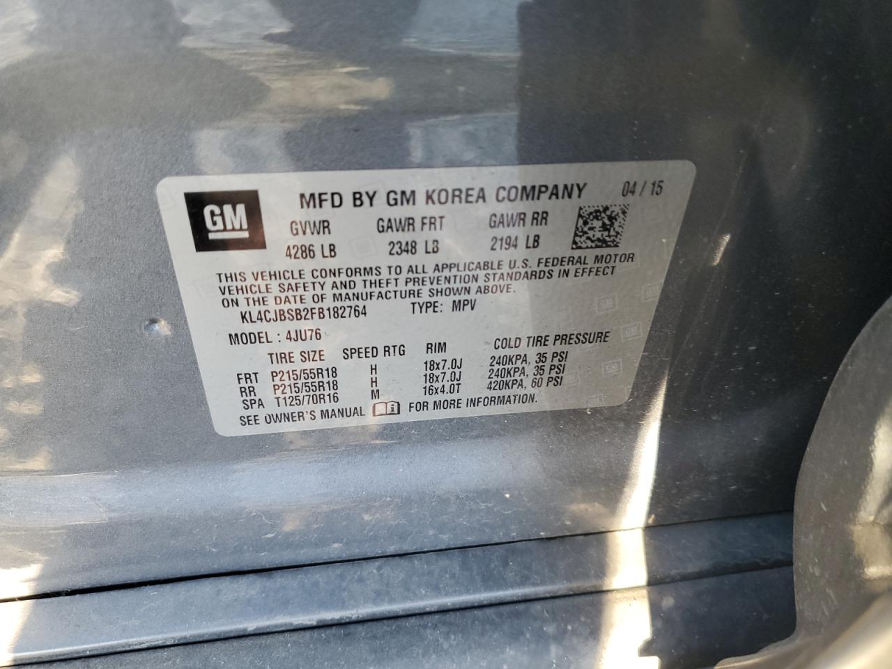 2015 Buick Encore VIN KL4CJBSB2FB182764 Copart auction photo, front end damage thumbnail 13