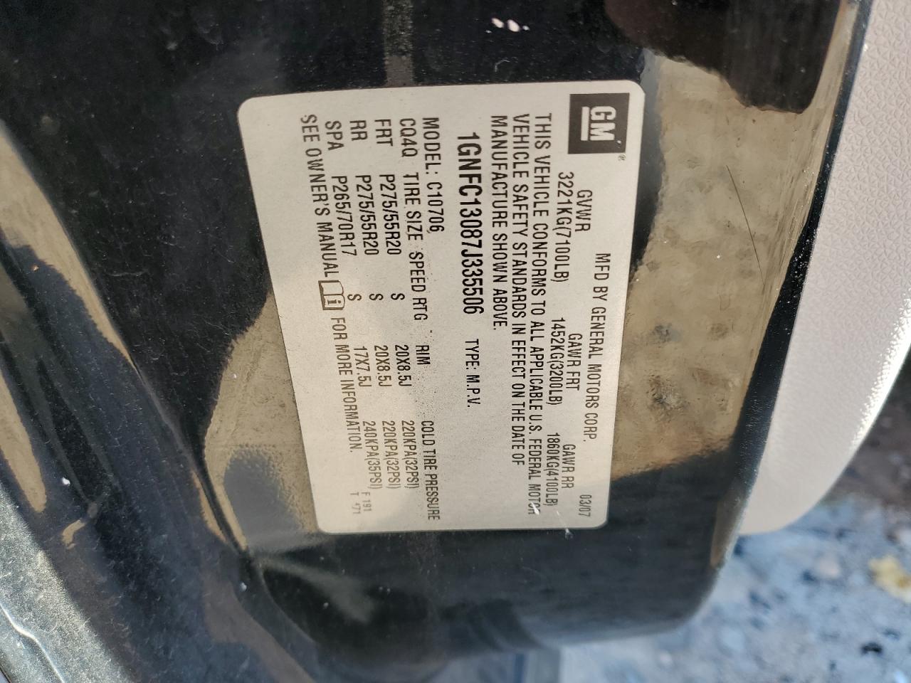 2007 Chevrolet Tahoe VIN 1GNFC13087J335506 Copart auction photo, all over / mechanical damage thumbnail 15