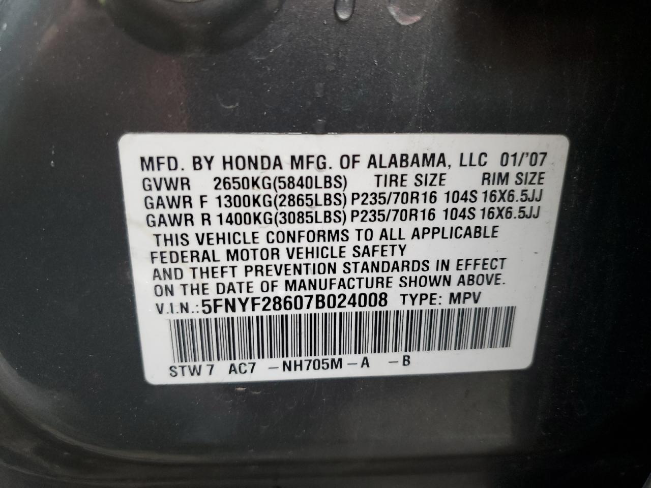2007 Honda Pilot VIN 5FNYF28607B024008 Copart auction photo, rear end damage thumbnail 13
