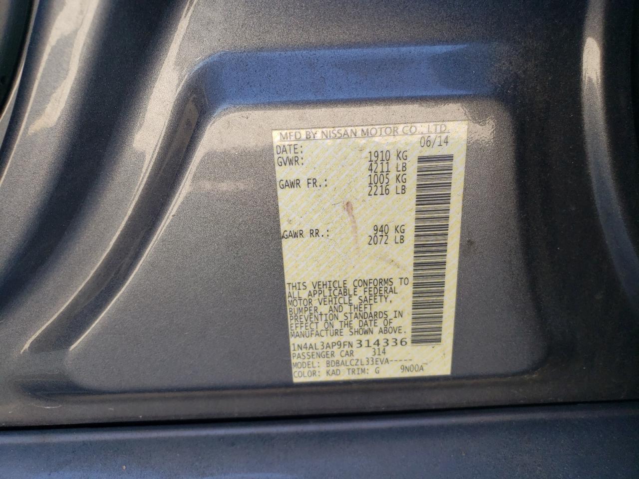 2015 Nissan Altima VIN 1N4AL3AP9FN314336 Copart auction photo, front end / rear end damage thumbnail 12