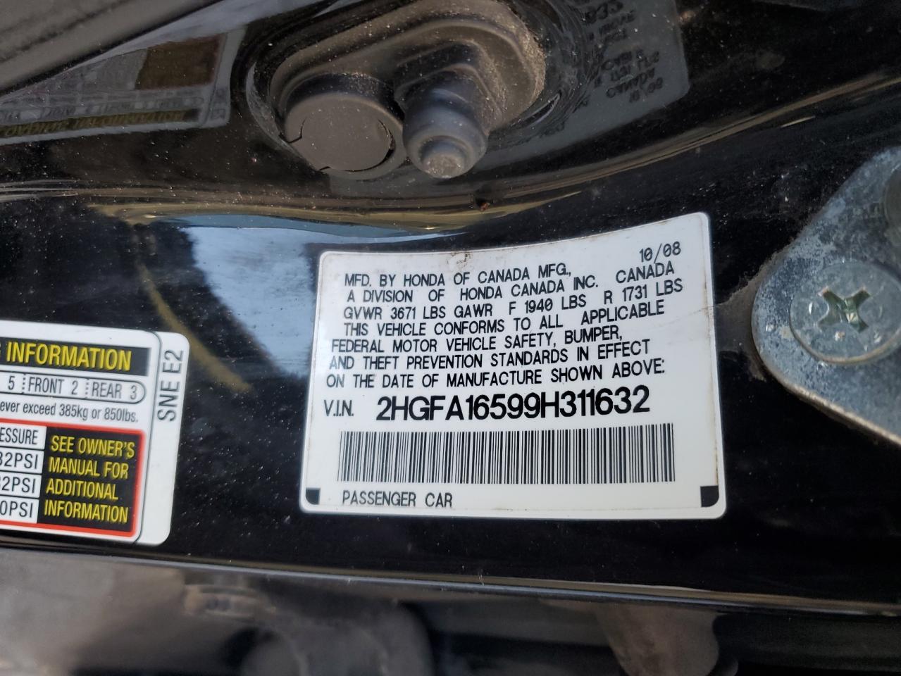 2009 Honda Civic VIN 2HGFA16599H311632 Copart auction photo, mechanical / all over damage thumbnail 12