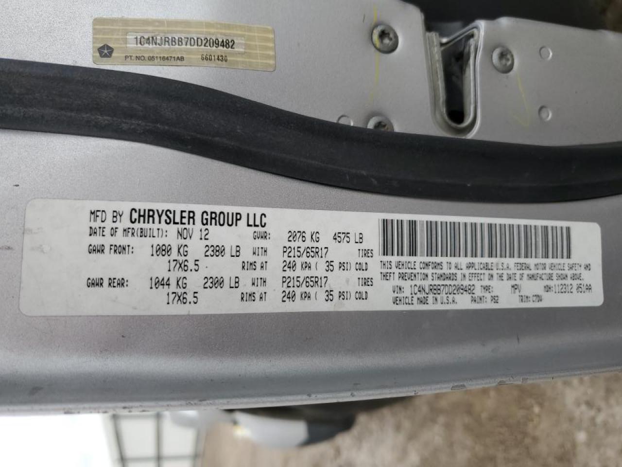 2013 Jeep Liberty (Patriot) VIN 1C4NJRBB7DD209482 Copart auction photo, front end / rear end damage thumbnail 13