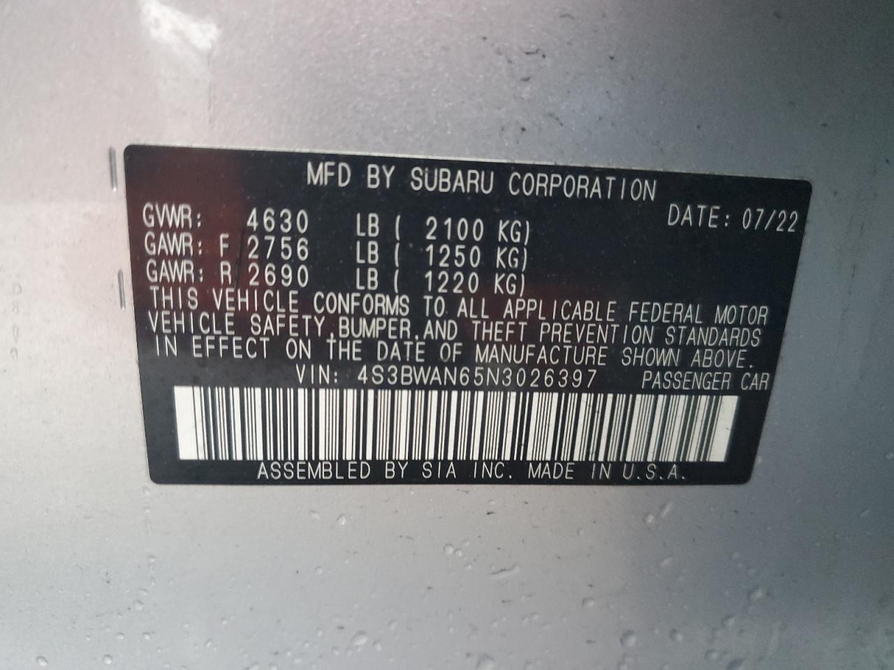 2022 Subaru Legacy VIN 4S3BWAN65N3026397 Copart auction photo, front end damage thumbnail 12