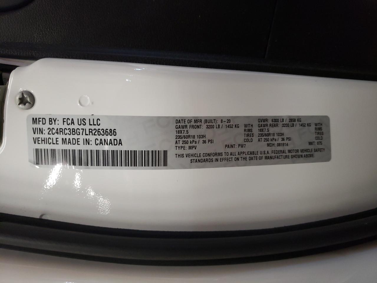 2020 Chrysler Pacifica VIN 2C4RC3BG7LR263686 Copart auction photo, front end damage thumbnail 13