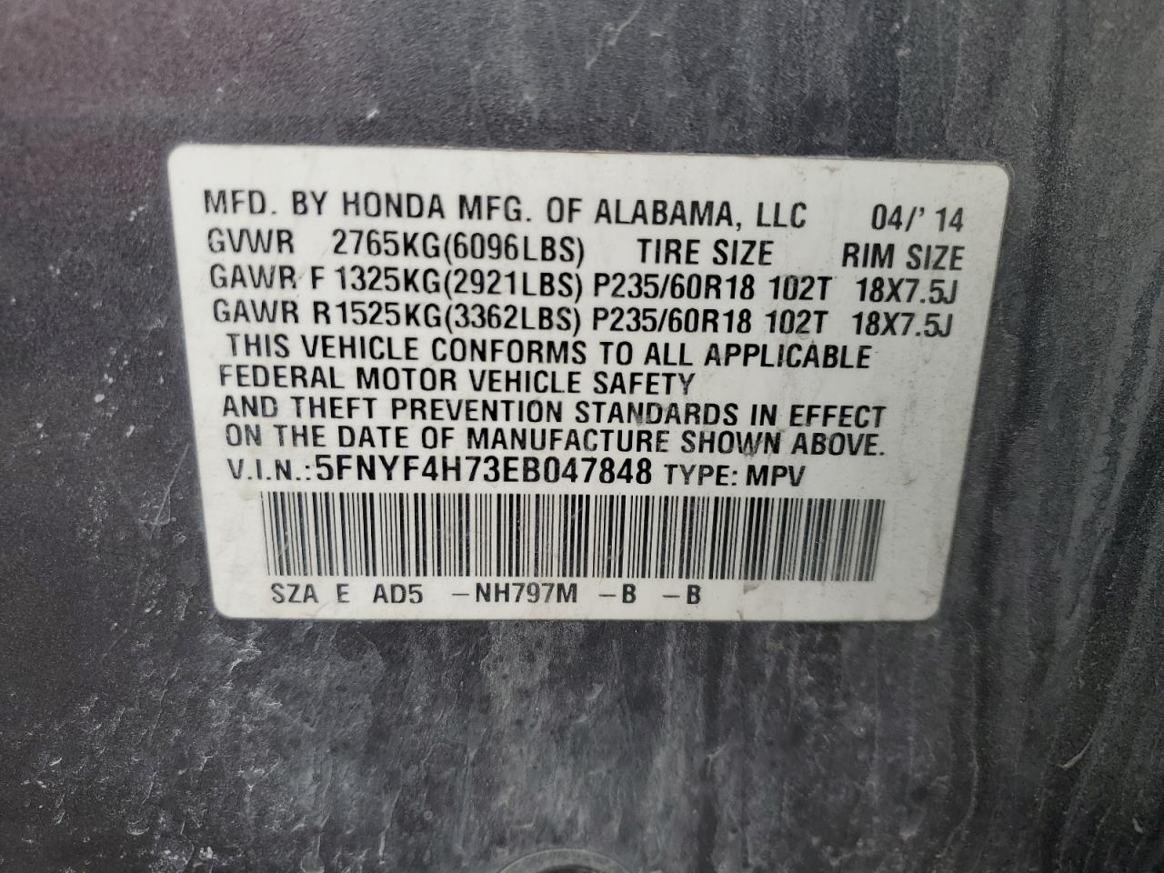 2014 Honda Pilot VIN 5FNYF4H73EB047848 Copart auction photo, front end damage thumbnail 13