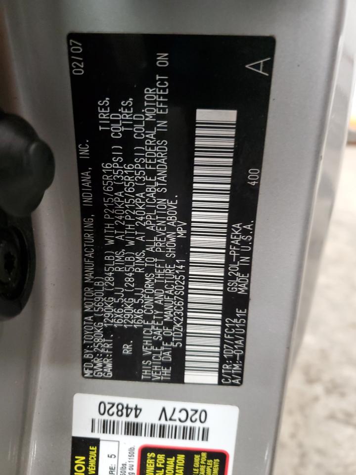 2007 Toyota Sienna VIN 5TDZK23C67S025141 Copart auction photo, front end damage thumbnail 14