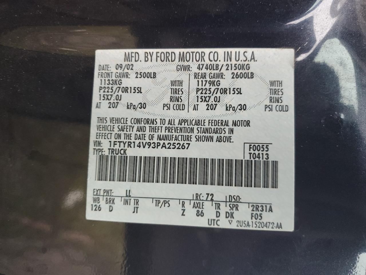 2003 Ford Ranger VIN 1FTYR14V93PA25267 Copart auction photo, side damage thumbnail 14