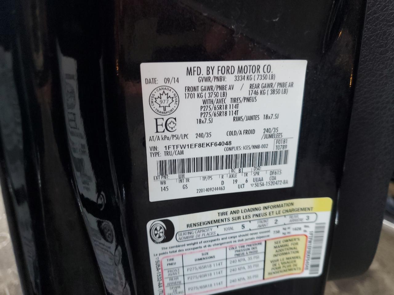 2014 Ford F-150 VIN 1FTFW1EF8EKF64048 Copart auction photo, front end damage thumbnail 14