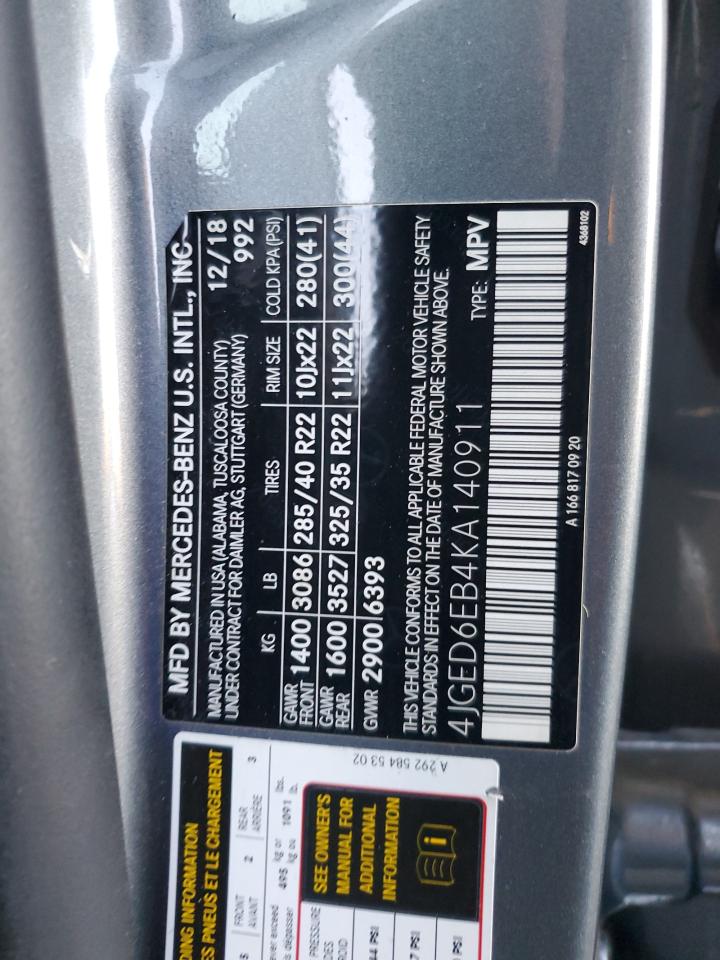 2019 Mercedes-Benz GLE VIN 4JGED6EB4KA140911 Copart auction photo, side damage thumbnail 13