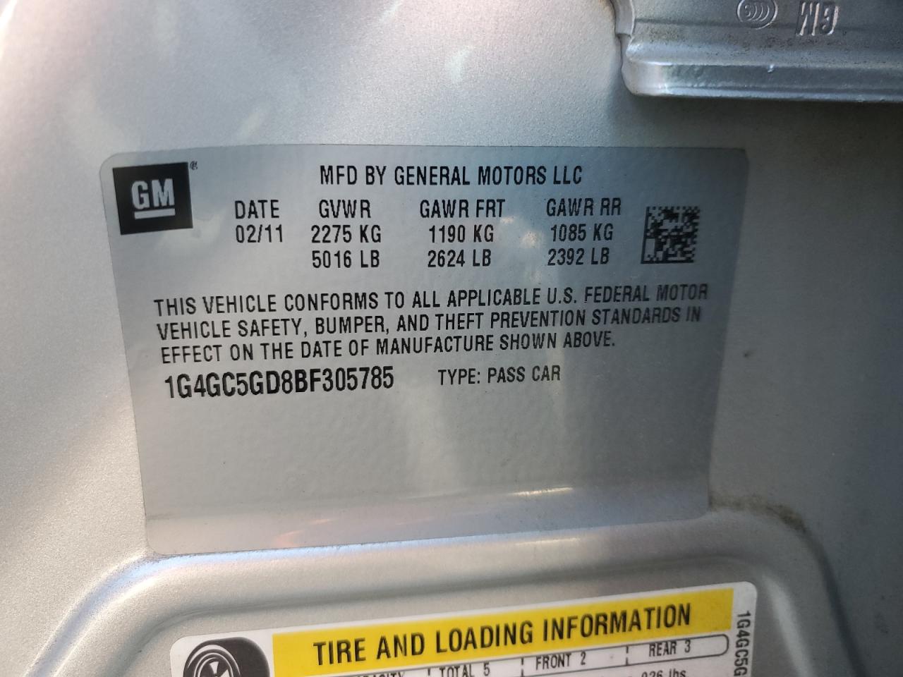 2011 Buick LaCrosse VIN 1G4GC5GD8BF305785 Copart auction photo, front end / side damage thumbnail 12