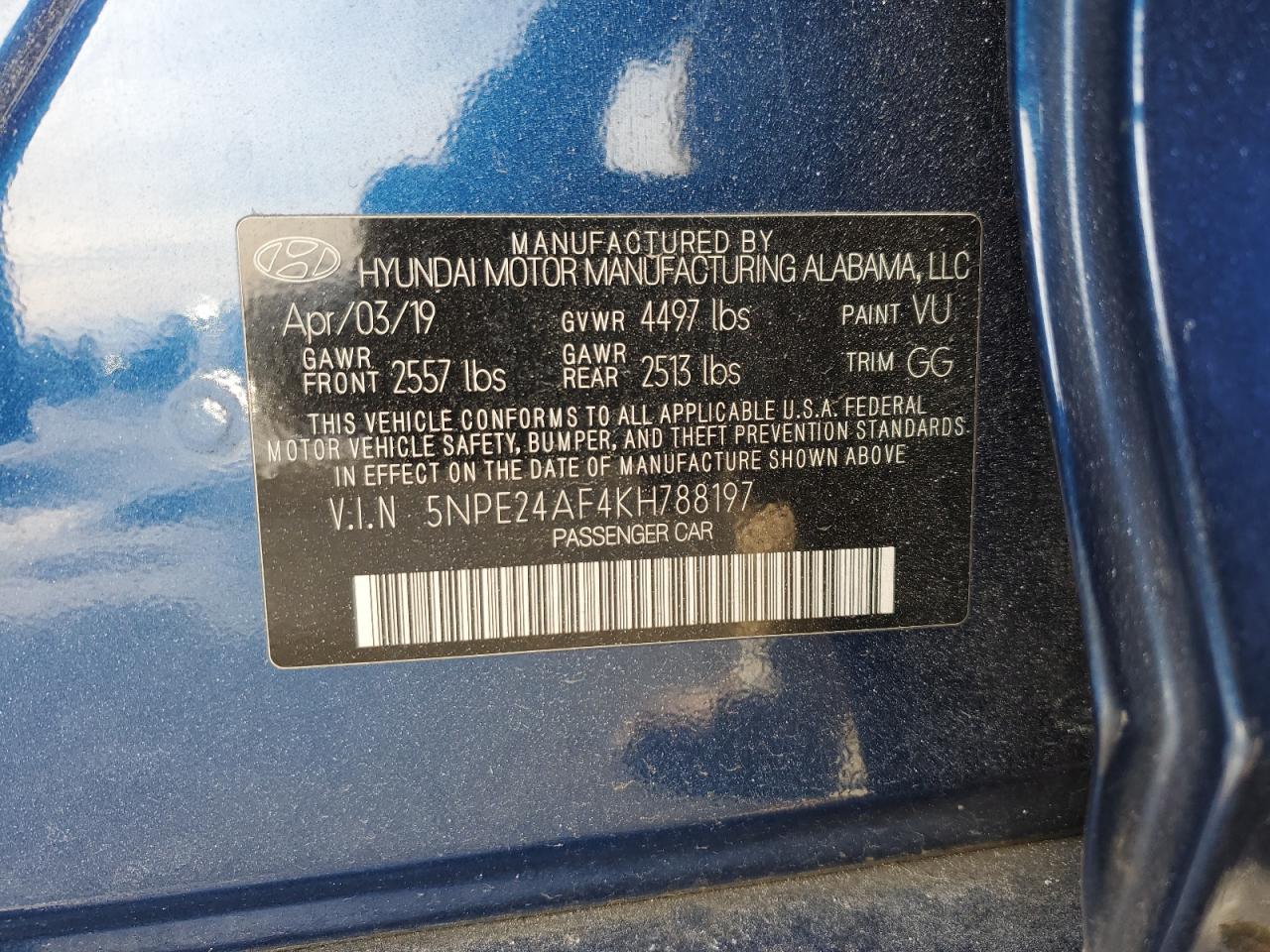 2019 Hyundai Sonata VIN 5NPE24AF4KH788197 Copart auction photo, front end / minor dent/scratches damage thumbnail 12