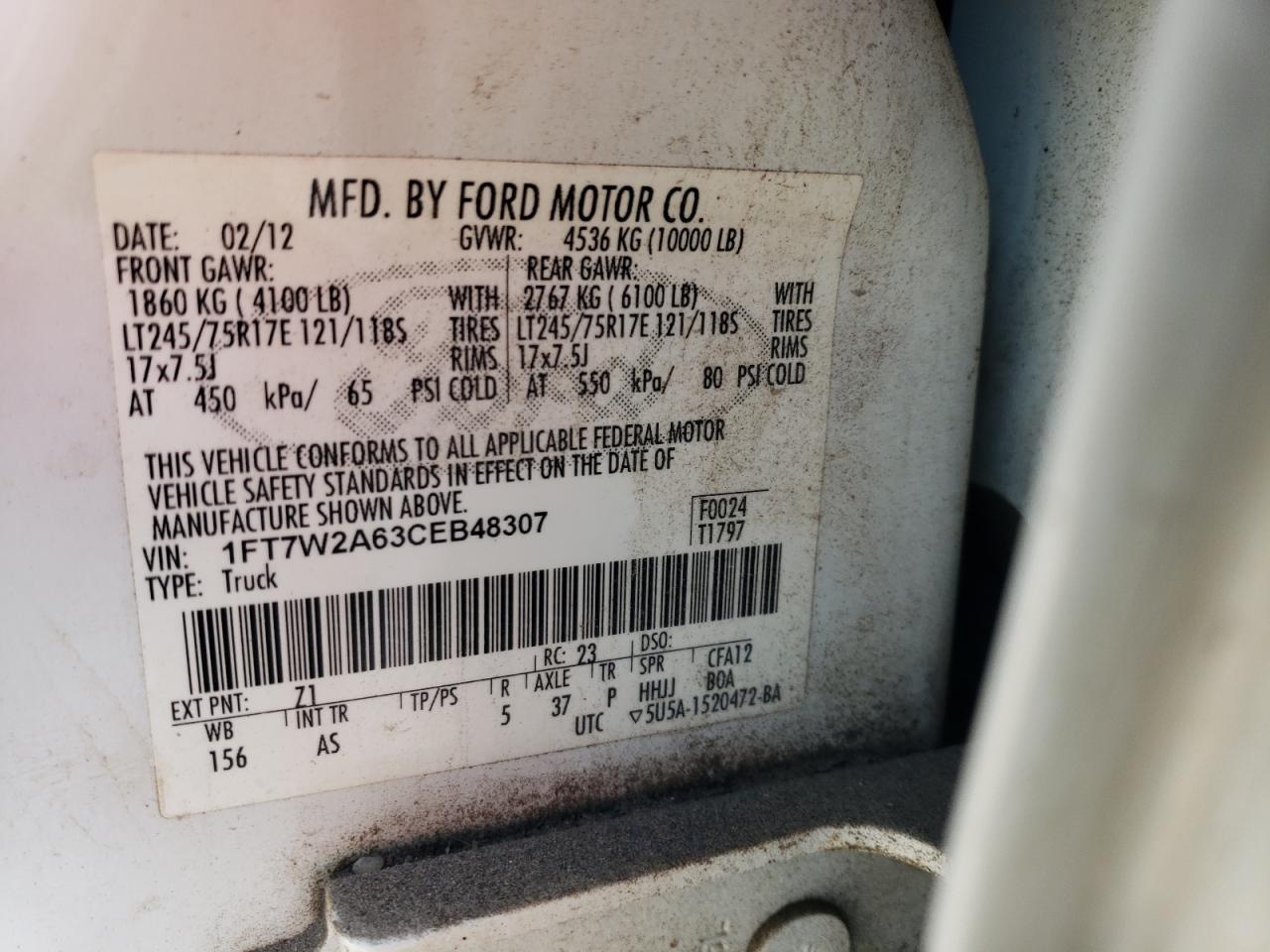 2012 Ford F250 VIN 1FT7W2A63CEB48307 Copart auction photo, mechanical / minor dent/scratches damage thumbnail 13