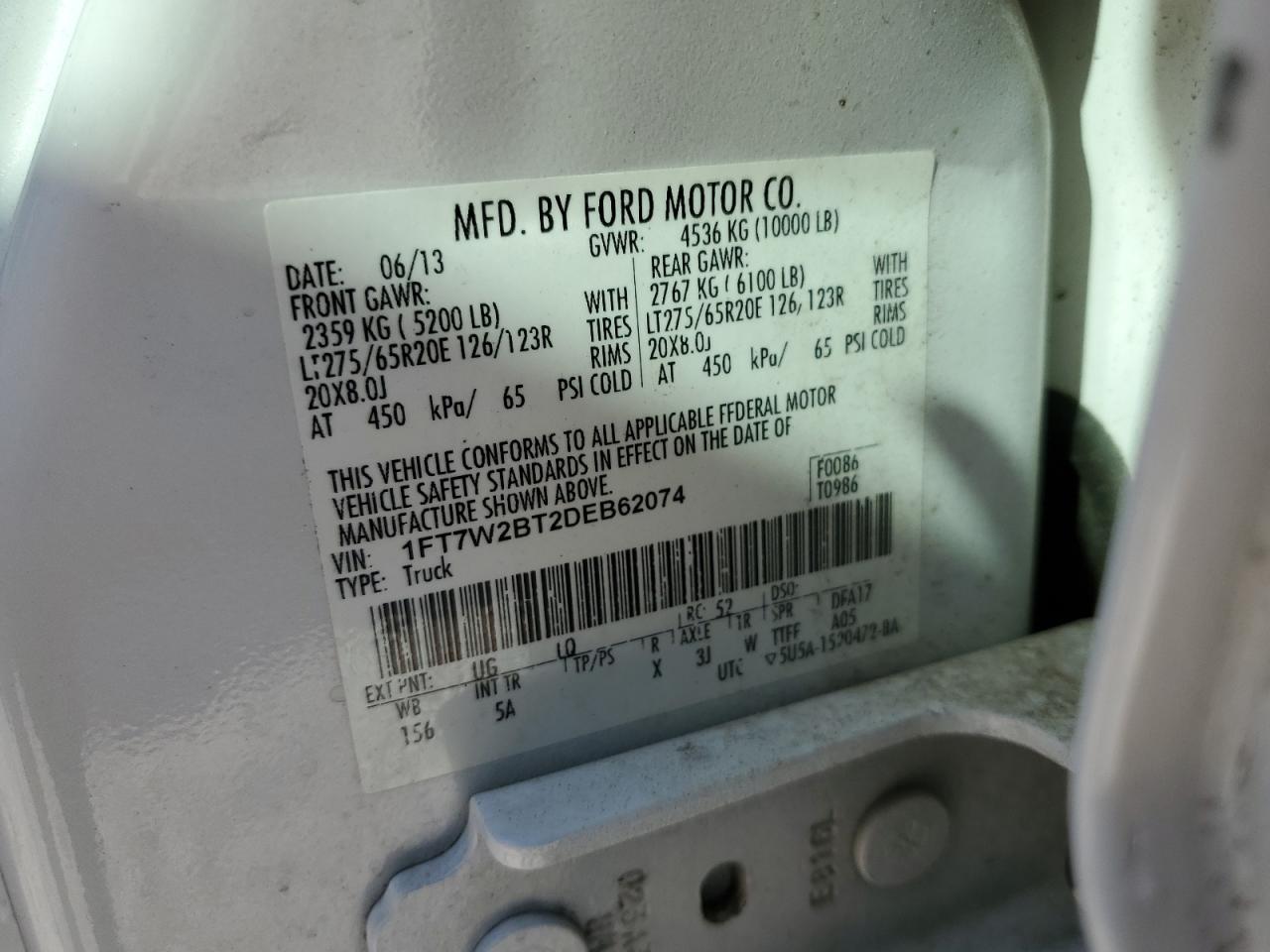 2013 Ford F250 VIN 1FT7W2BT2DEB62074 Copart auction photo, side damage thumbnail 12