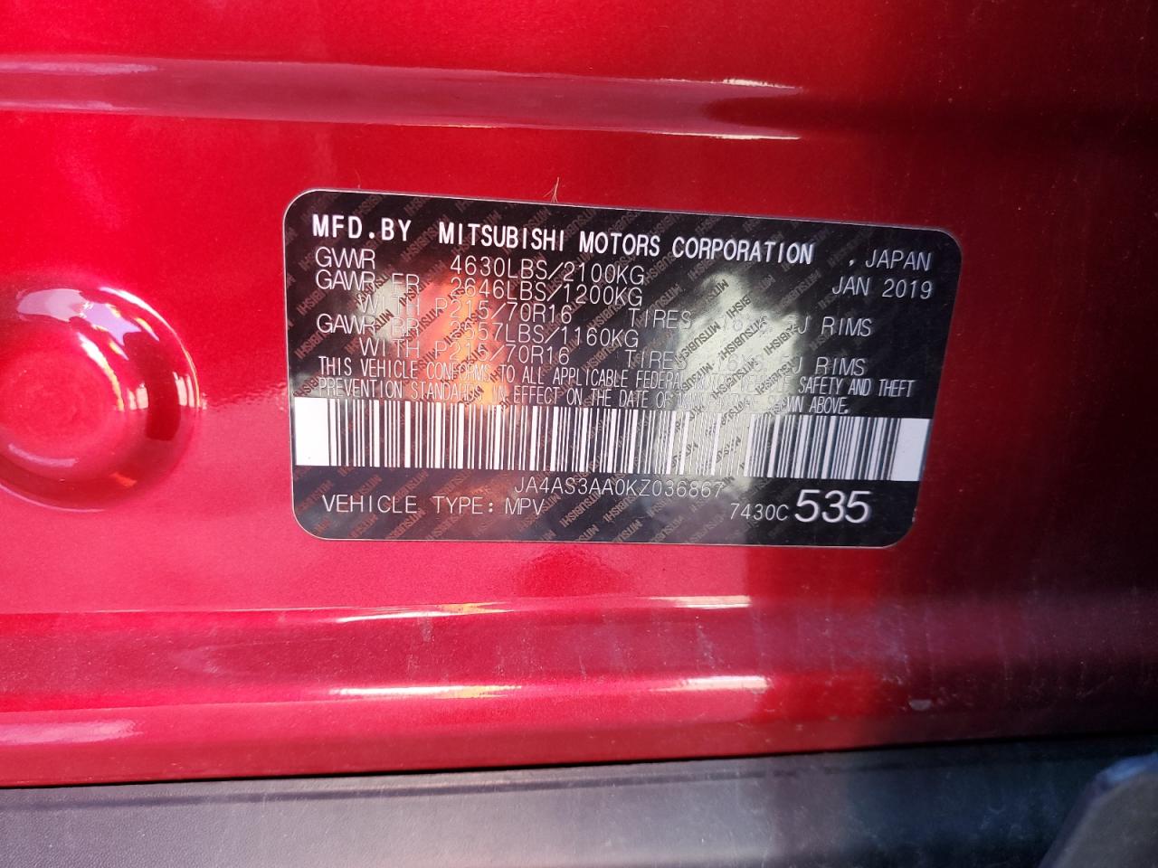 2019 Mitsubishi Eclipse VIN JA4AS3AA0KZ036867 Copart auction photo, front end damage thumbnail 15