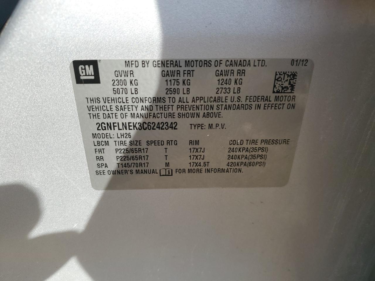 2012 Chevrolet Equinox VIN 2GNFLNEK3C6242342 Copart auction photo, front end damage thumbnail 13