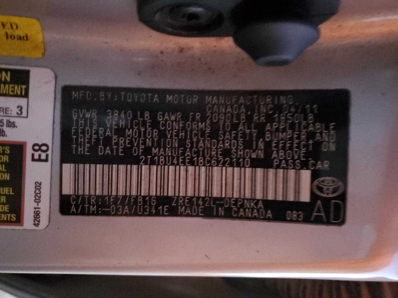 2011 Toyota Corolla VIN 2T1BU4EE1BC622110 Copart auction photo, side damage thumbnail 12