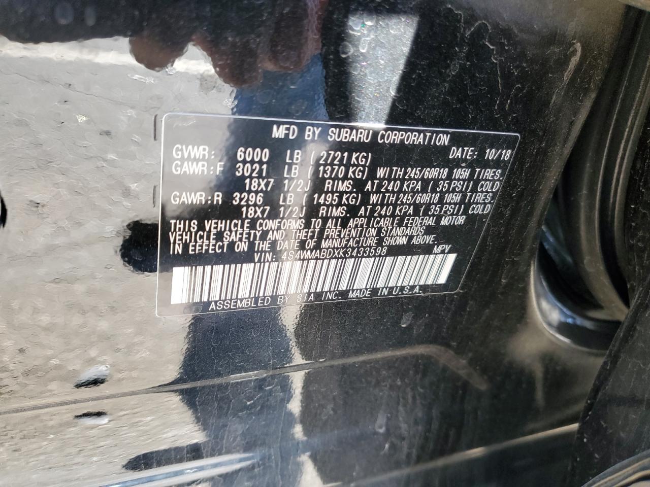 2019 Subaru Ascent VIN 4S4WMABDXK3433598 Copart auction photo, all over / undercarriage damage thumbnail 14