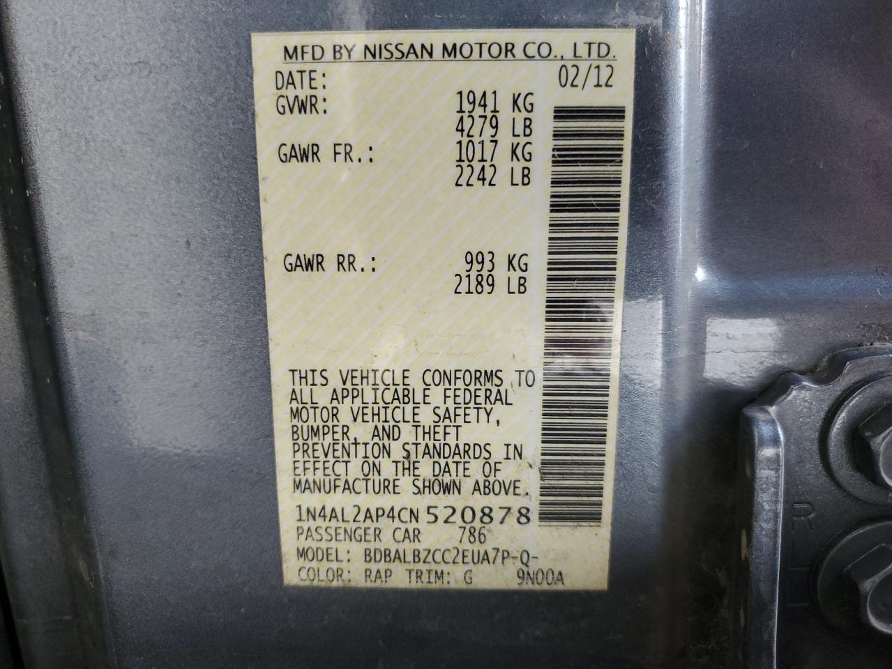2012 Nissan Altima VIN 1N4AL2AP4CN520878 Copart auction photo, front end damage thumbnail 15