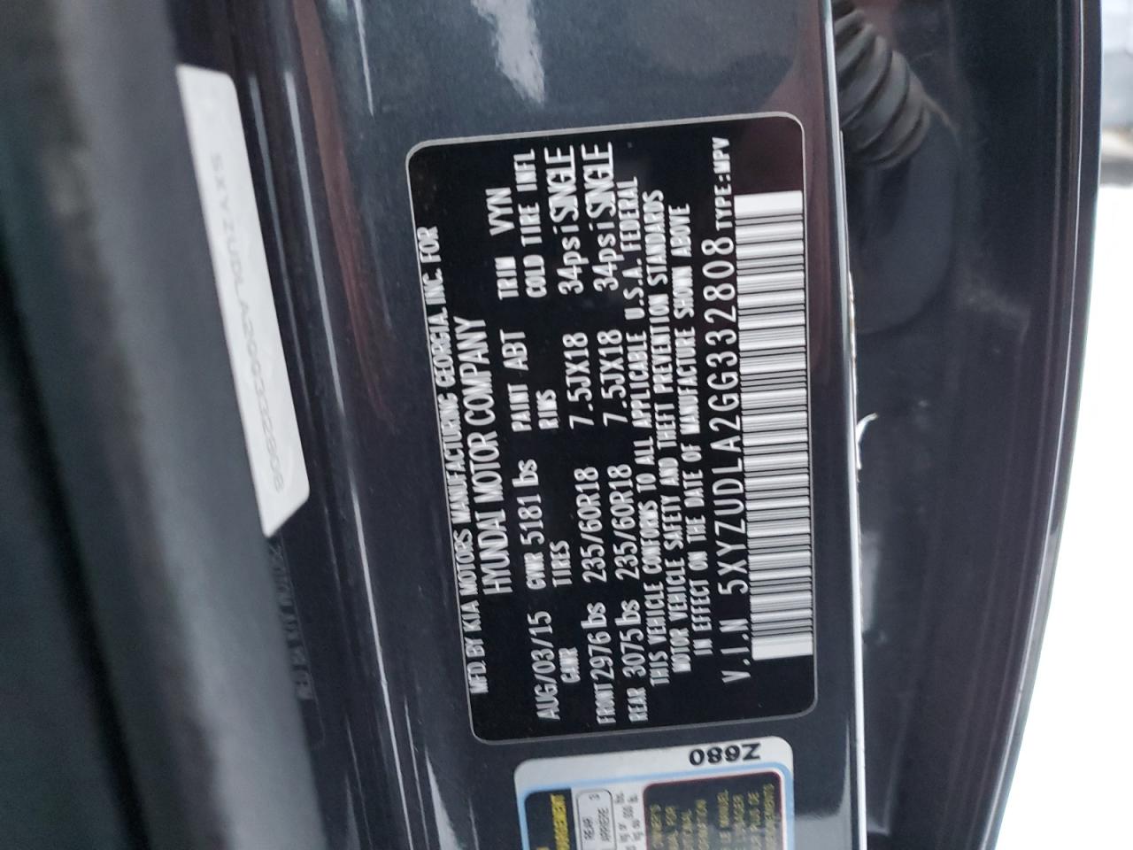 2016 Hyundai Santa Fe VIN 5XYZUDLA2GG332808 Copart auction photo, front end damage thumbnail 12