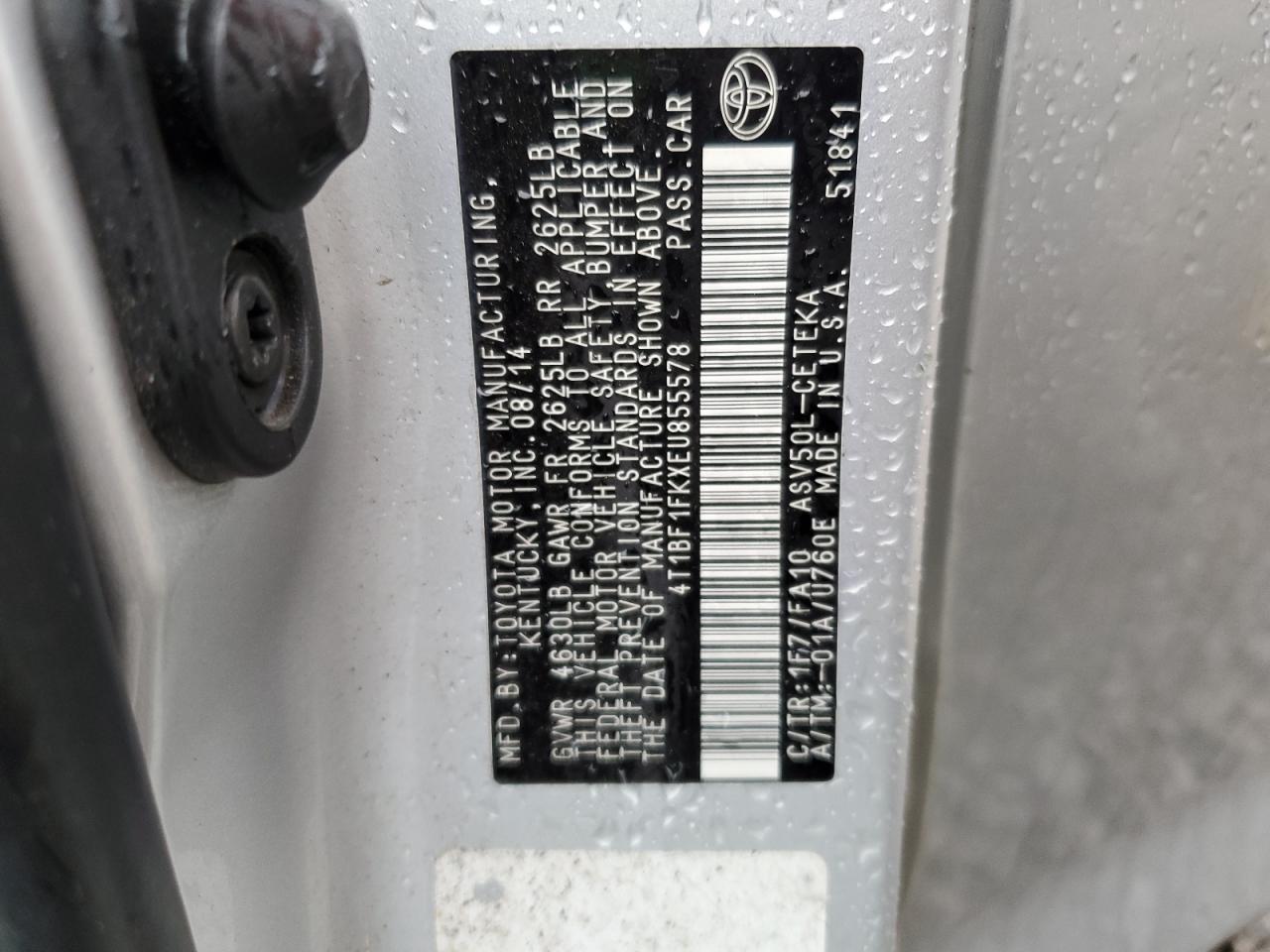 2014 Toyota Camry VIN 4T1BF1FKXEU855578 Copart auction photo, rear end / side damage thumbnail 12