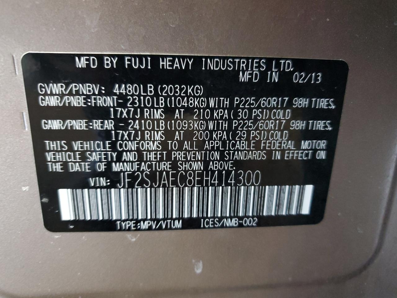 2014 Subaru Forester VIN JF2SJAEC8EH414300 Copart auction photo, rear end damage thumbnail 13