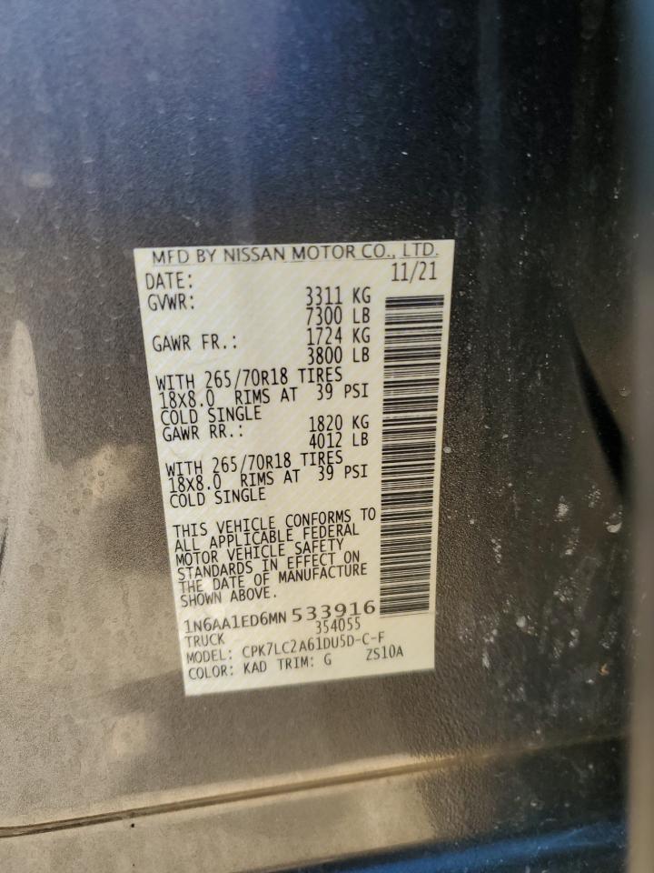 2021 Nissan Titan VIN 1N6AA1ED6MN533916 Copart auction photo, all over damage thumbnail 13