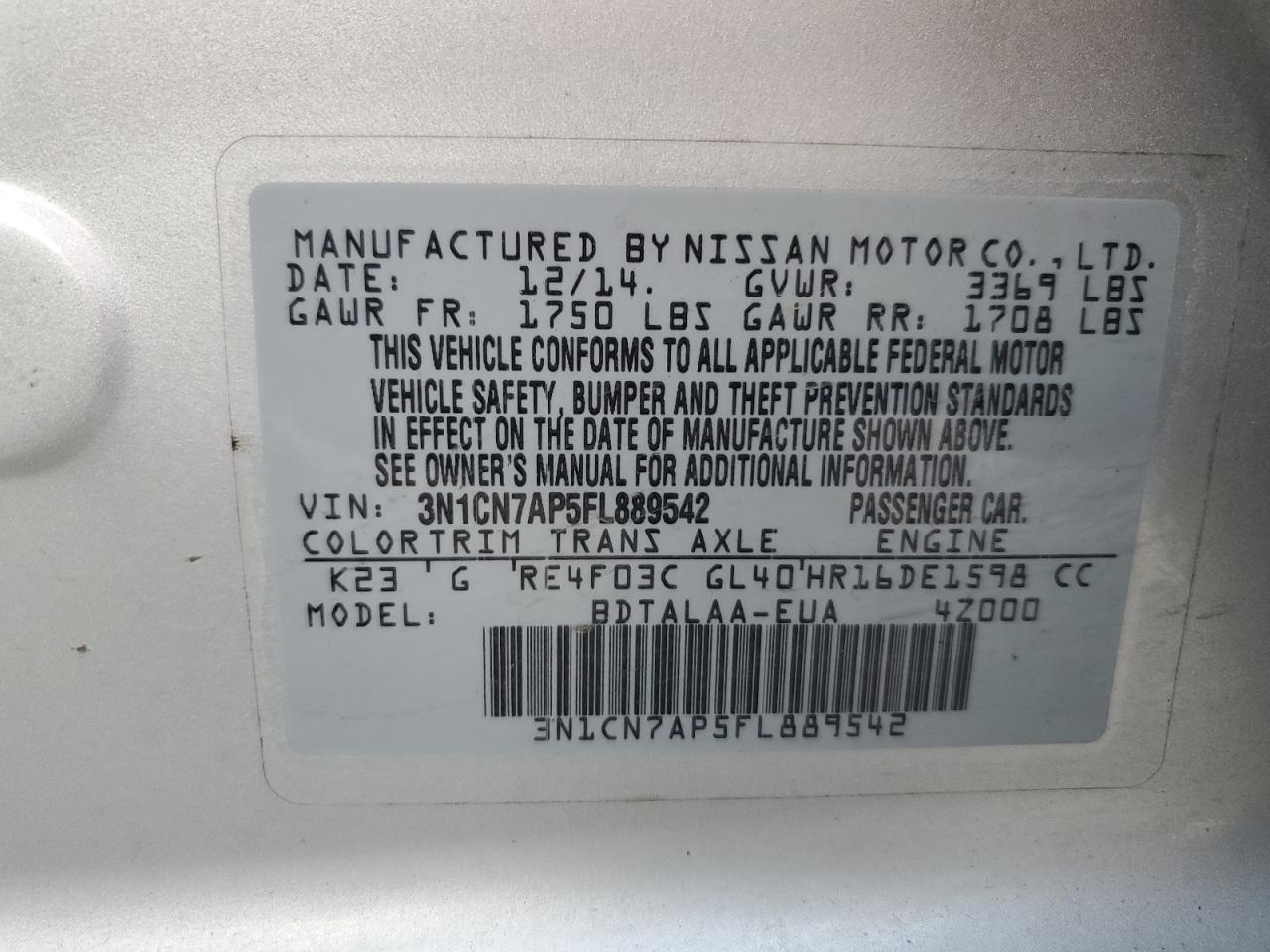 2015 Nissan Versa VIN 3N1CN7AP5FL889542 Copart auction photo, rear end damage thumbnail 12