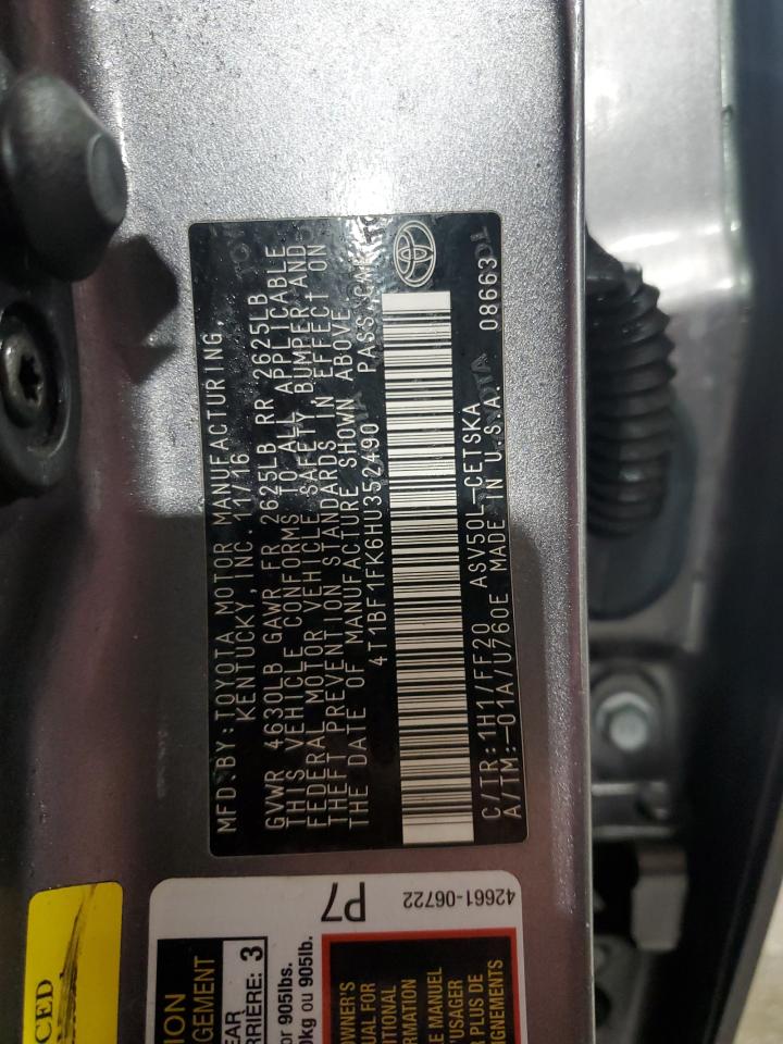 2017 Toyota Camry VIN 4T1BF1FK6HU352490 Copart auction photo, front end damage thumbnail 13
