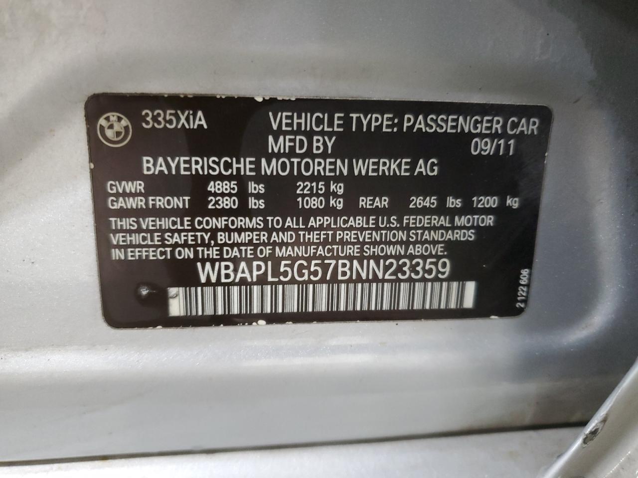 2011 BMW 3er VIN WBAPL5G57BNN23359 Copart auction photo, minor dent/scratches damage thumbnail 12