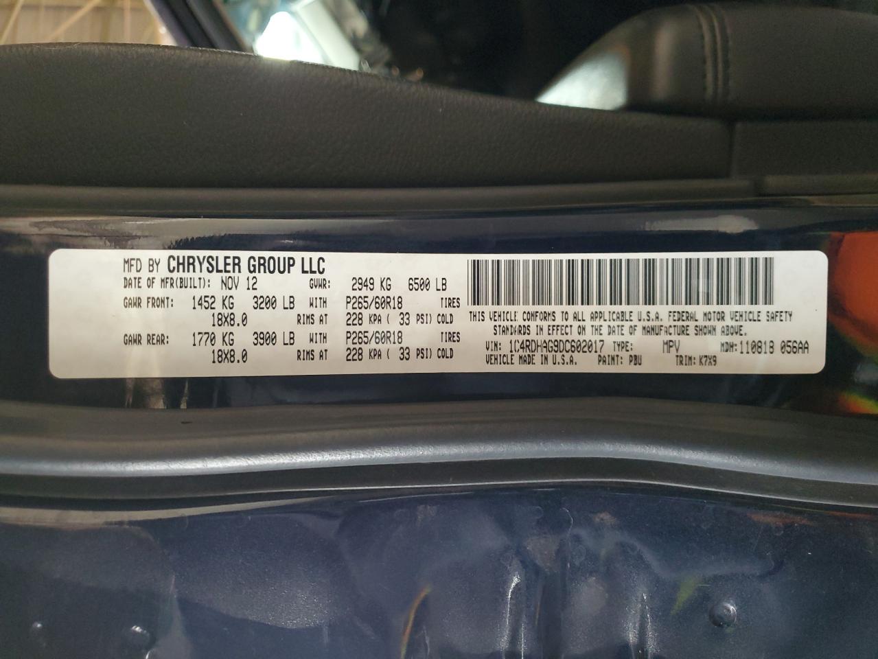 2013 Dodge Durango VIN 1C4RDHAG9DC602017 Copart auction photo, side / front end damage thumbnail 13