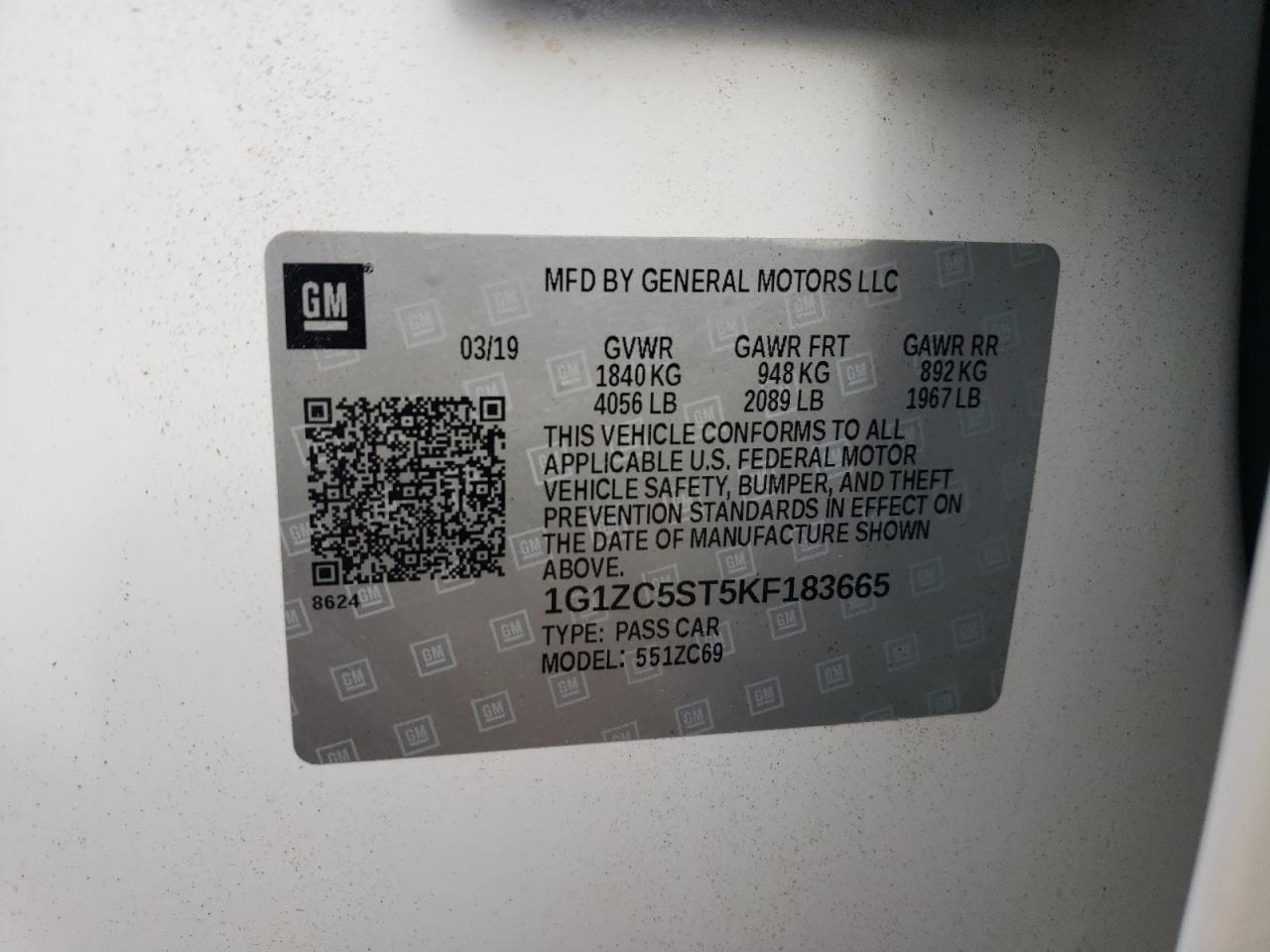 2019 Chevrolet Malibu VIN 1G1ZC5ST5KF183665 Copart auction photo, front end / side damage thumbnail 14