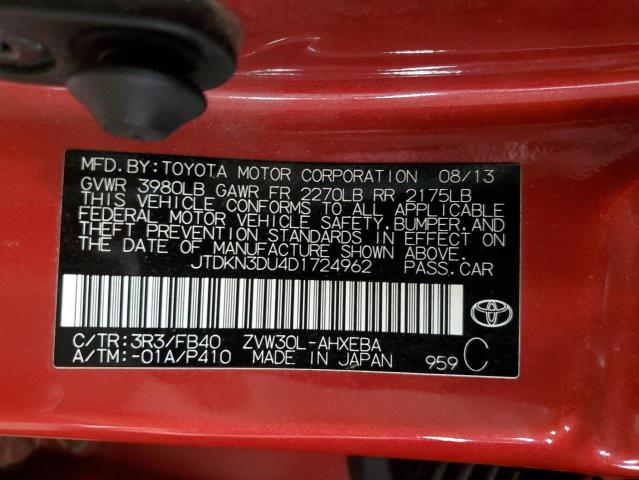 2013 Toyota Prius VIN JTDKN3DU4D1724962 Copart auction photo, hail damage thumbnail 12