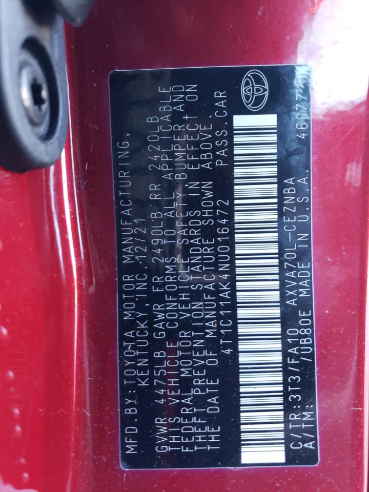 2022 Toyota Camry VIN 4T1C11AK4NU016472 Copart auction photo, all over damage thumbnail 13