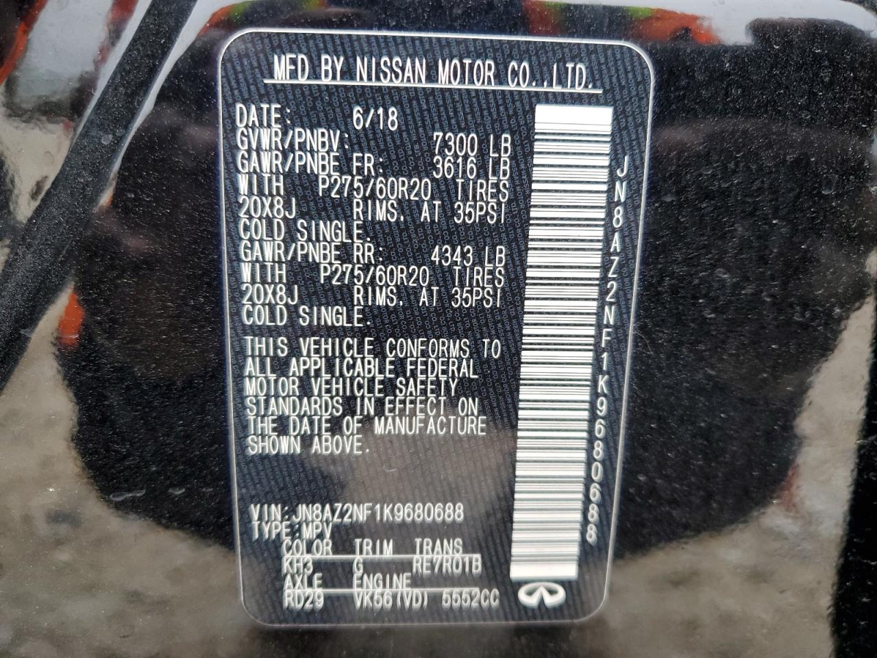 2019 Infiniti QX80 VIN JN8AZ2NF1K9680688 Copart auction photo, side damage thumbnail 14