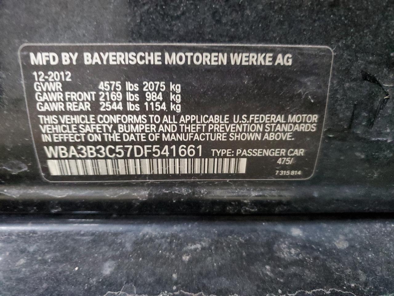 2013 BMW 3er VIN WBA3B3C57DF541661 Copart auction photo, front end / minor dent/scratches damage thumbnail 14