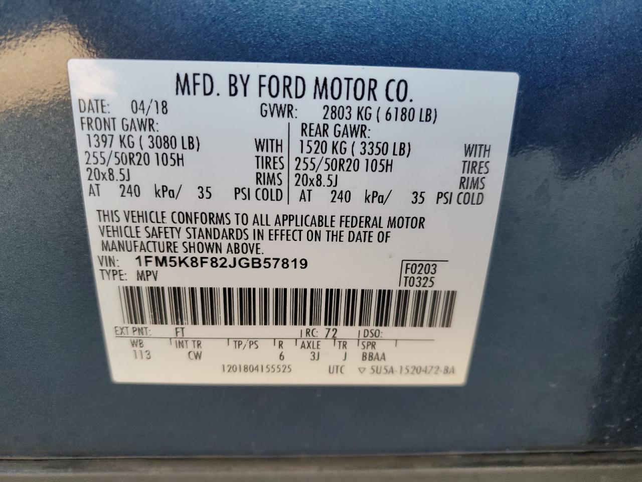 2018 Ford Explorer VIN 1FM5K8F82JGB57819 Copart auction photo, front end damage thumbnail 15