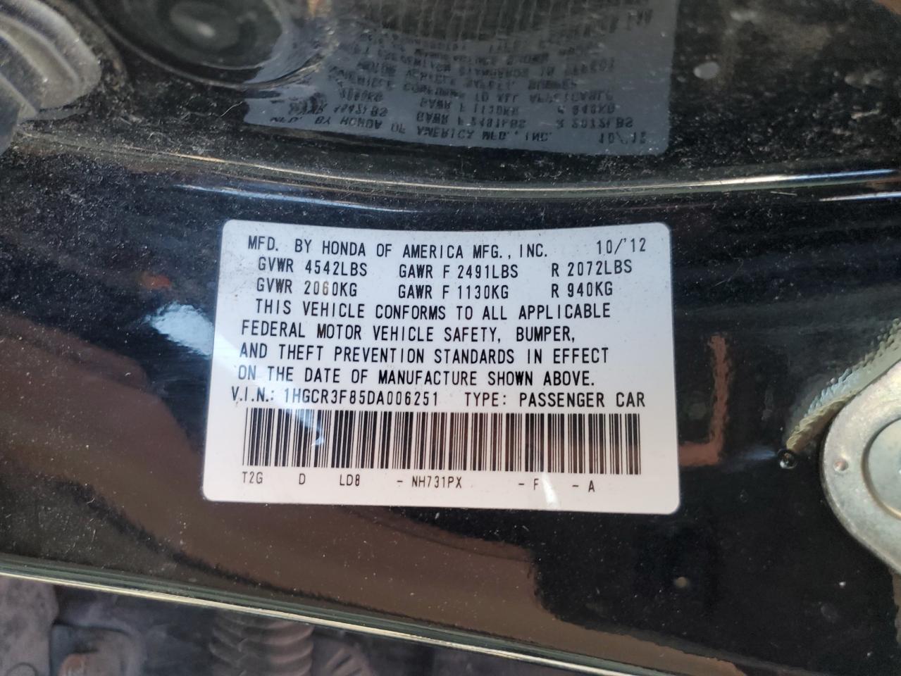 2013 Honda Accord VIN 1HGCR3F85DA006251 Copart auction photo, front end damage thumbnail 13