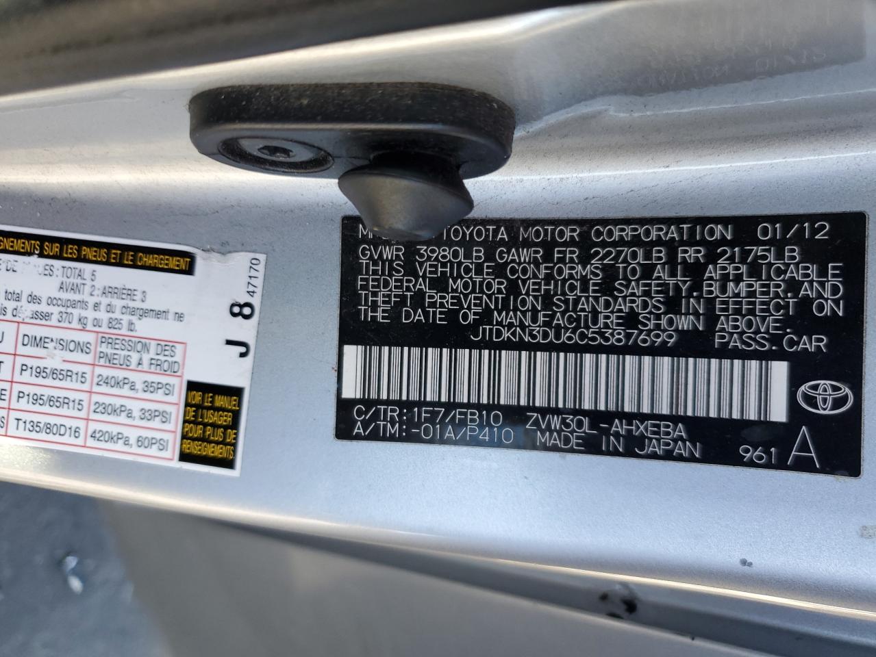 2012 Toyota Prius VIN JTDKN3DU6C5387699 Copart auction photo, front end damage thumbnail 14